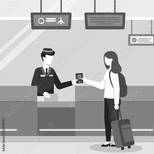 A traveler with luggage checks in at an airport counter, interacting with a professional airline employee in a modern, monochromatic flat illustration.