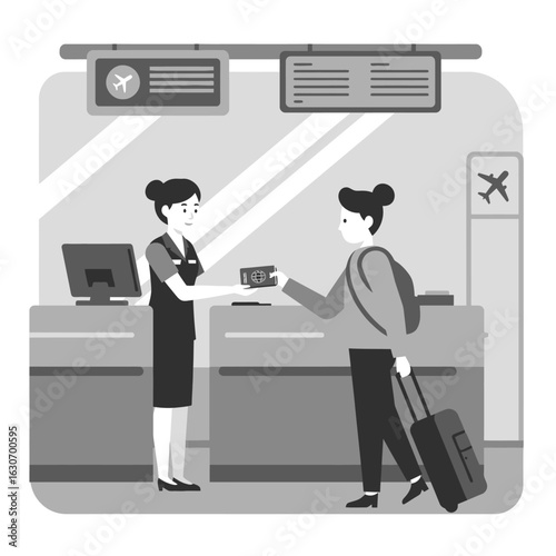 A young traveler pays an airline agent at the airport check-in counter, preparing for their journey, showcasing a simple and efficient travel transaction.