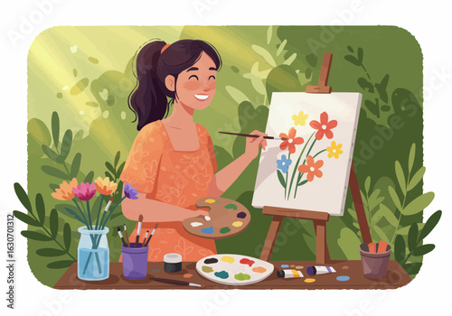 A young woman happily paints flowers on a canvas outdoors, surrounded by art supplies and greenery.