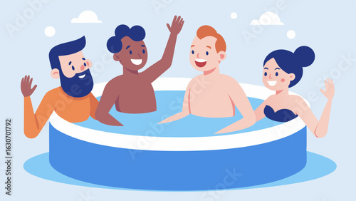 Community Cold Plunge A group of individuals enjoying a cold plunge pool laughing and encouraging each other representing camaraderie in the journey of health optimization through