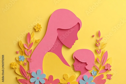 A colorful paper cutout of a mother holding her child surrounded by flowers stands out against a bright yellow background