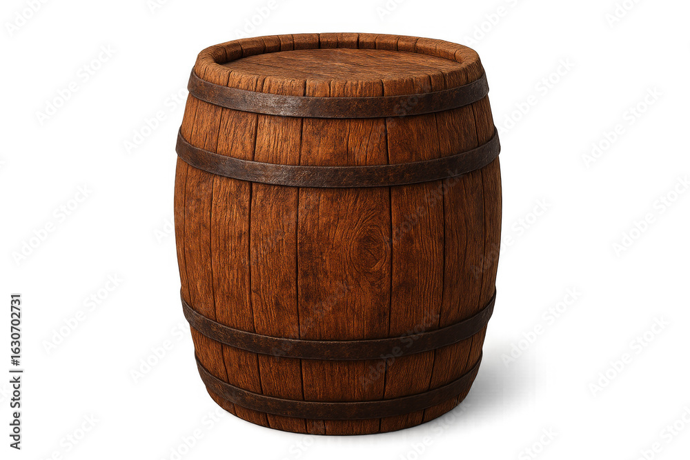 Fototapeta premium Vintage wooden barrel with rustic metal bands, 3d-rendered against transparent backdrop, highlighting craftsmanship and traditional cooperage techniques