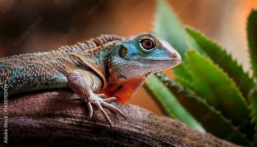 Obraz premium this stunning close up photograph captures the vibrant details of a lizard the intricate texture of its skin and striking eyes showcase the beauty of wildlife in nature