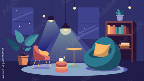 A quiet corner with bean bag chairs and soft lighting perfect for reading or having a quiet conversation.