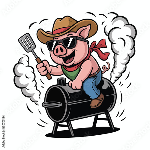 Happy cartoon pig wearing cowboy hat and sunglasses riding a barbecue grill