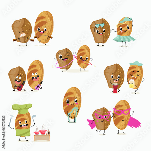 Baked food funny characters, hand drawn vector illustration.