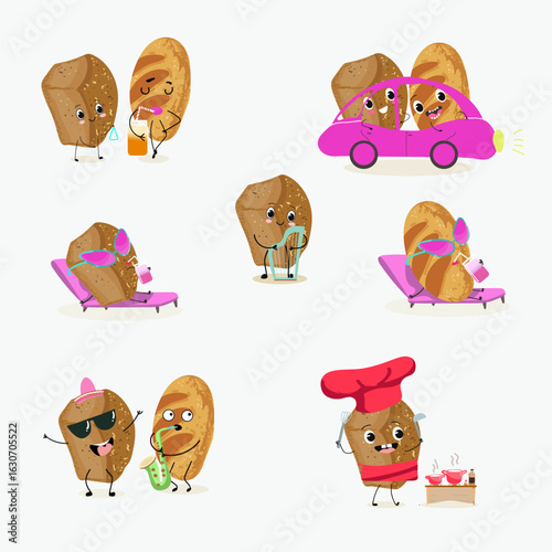 Baked food funny characters, hand drawn vector illustration.