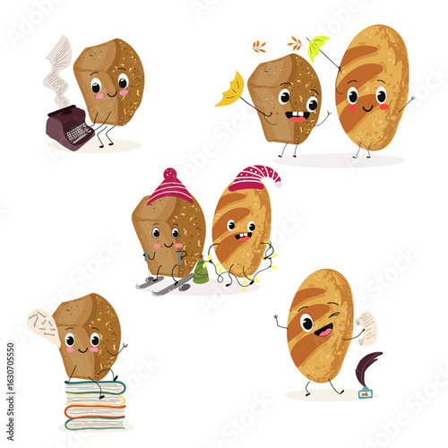 Baked food funny characters, hand drawn vector illustration.