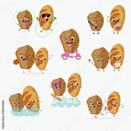 Baked food funny characters, hand drawn vector illustration.