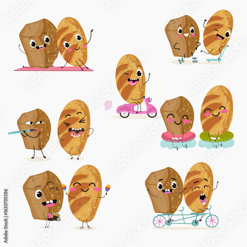 Baked food funny characters, hand drawn vector illustration.