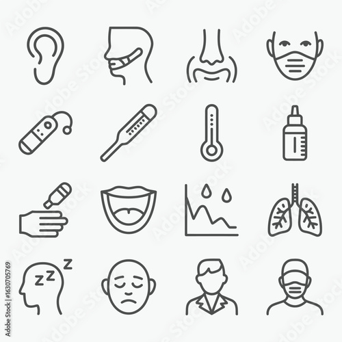 Medical and healthcare line icon set - outline symbols for flu symptoms, ENT care, and respiratory treatment