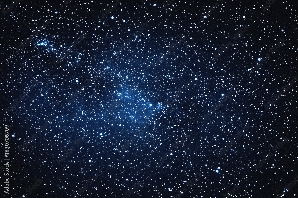 Obraz premium Starry sky background, blue night sky full of stars, glowing stars in the dark space, starry background, dark night, stars in the distance, starlight, dark background with a blue glow, night sky. 