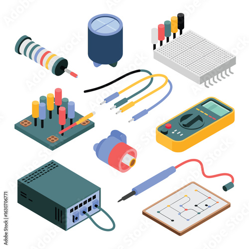 Collection of electronic components and tools for electrical engineering and repair