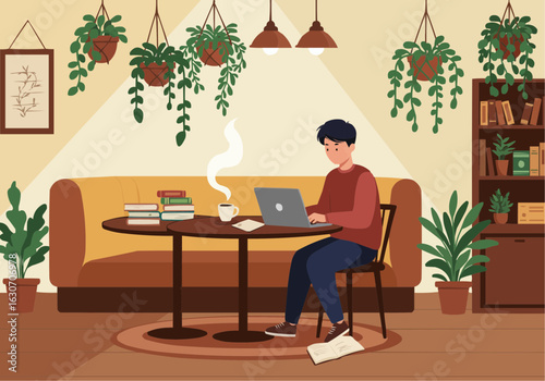 A young man sits in a cozy cafe, working on a laptop, surrounded by plants and books.