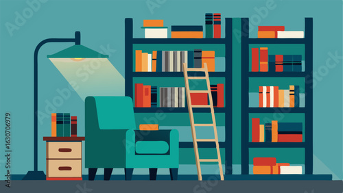 A home library with builtin bookshelves made from metal pipes a ladder and a comfortable armchair.