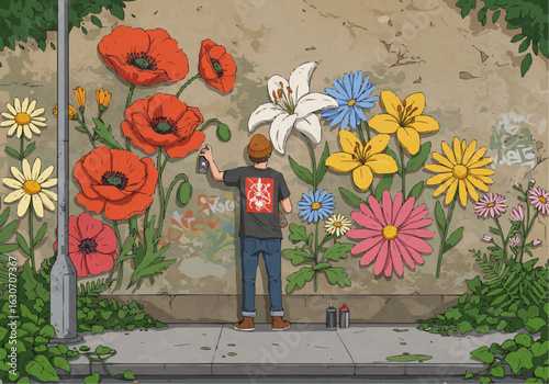 An artist sprays paint onto a wall, creating a vibrant floral mural.