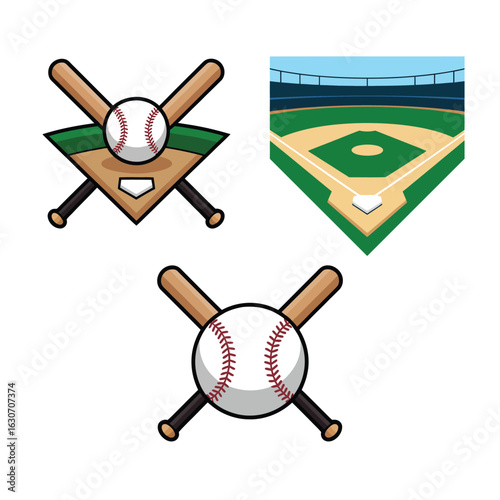 Baseball elements collection with field bats and ball