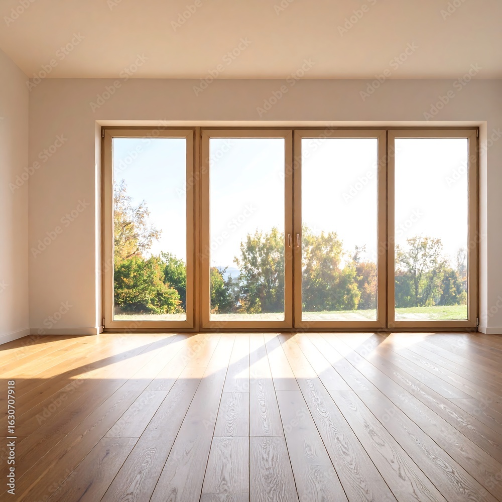 Fototapeta premium Empty modern room with large windows overlooking a garden