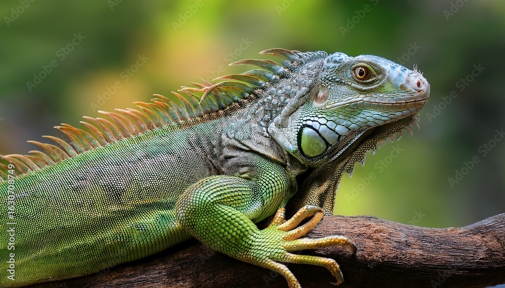 Obraz premium a green iguana is sitting on a branch the iguana is looking in the distance the background is blurred