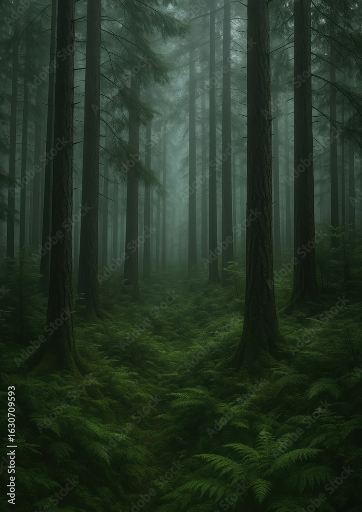 Naklejka premium Misty forest with towering trees.