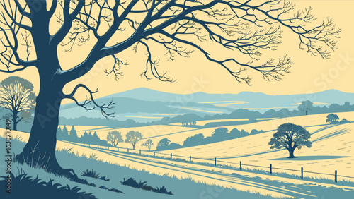 Winter landscape with snowy hills, trees, and a winding road, creating a serene and peaceful nature scene in a cold morning