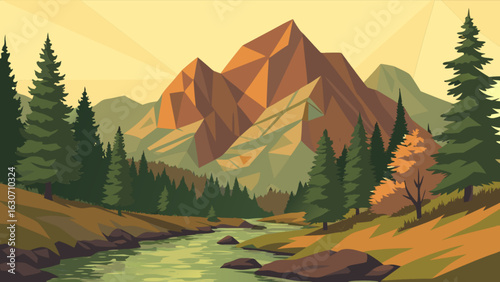 A scenic landscape featuring majestic mountains, lush forests, and a winding river, perfect for outdoor adventures and travel destinations