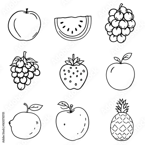 Fruit Line Art Set – Nine Black and White Illustrations Featuring Apple, Watermelon, Grapes, Strawberry, Lemon, Pineapple