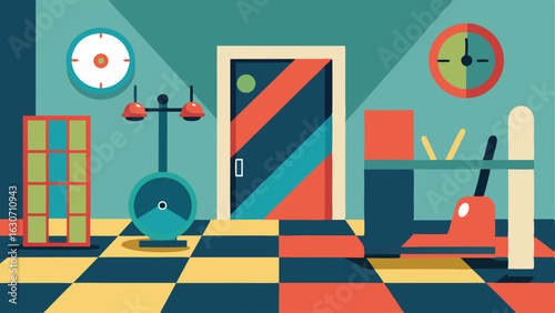 A home gym with retroinspired gym equipment colorful geometric floor tiles and a vintageinspired clock.