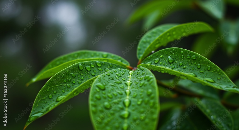 Fototapeta premium Close-up Macro Shot of Wet Green Leaves with Water Droplets, Nature Photography, Focus on Leaf Texture and Serene Green Background