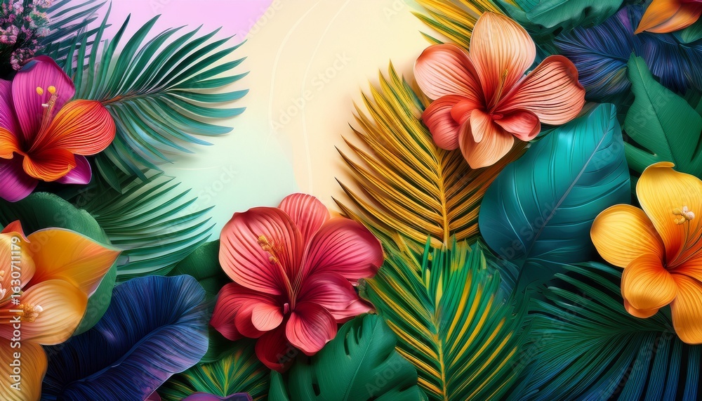 Naklejka premium colorful floral background with tropical leaves and flowers for vibrant designs