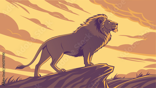 A majestic lion standing on a rock against a golden sunset, embodying the power and beauty of african wildlife in a vintage cartoon style