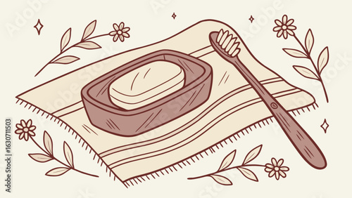 Handdrawn illustration of a soap bar in a soap dish, a toothbrush, and flowers on a towel, creating a vintage and decorative bathroom scene