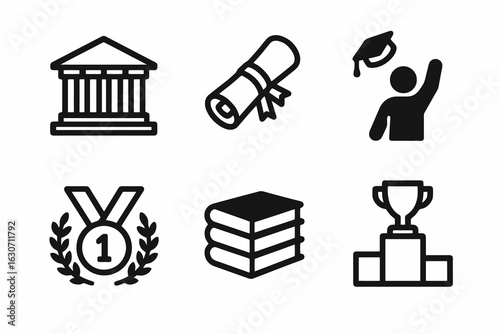 Black graduation vector icons with academic building, medal, diploma, podium, books and cap toss. Perfect for ceremony dashboards, education apps and websites.