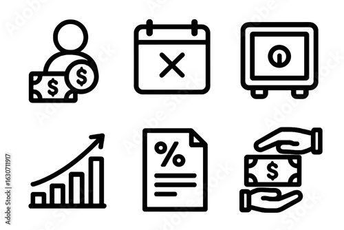 Minimal flat loan icon pack with safe, money exchange, contract percentage, graph coin, cash hand and deadline calendar for finance tools, UI and websites.