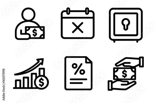 Black loan vector icons featuring safe, deadline calendar, cash handover, graph with coin, contract percentage and money exchange. Perfect for banking and credit apps.
