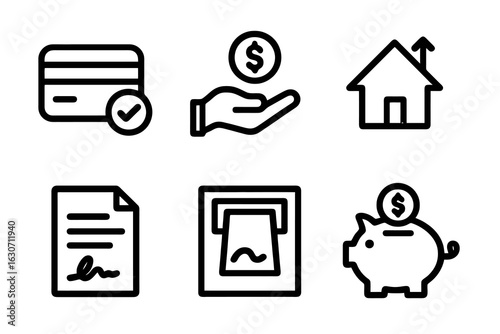Black loan vector icons featuring credit card check, piggy bank, coin hand, house arrow, ATM and signed paper. Perfect for finance apps and lending dashboards.