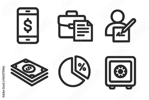 Minimal flat loan icon pack featuring stack of cash, signed contract, pie chart, safe, mobile dollar and briefcase. Ideal for websites, UI and credit tools.