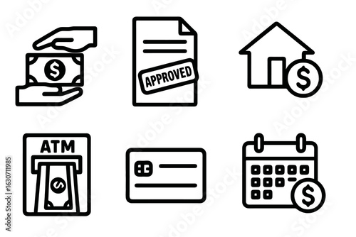 Minimal flat loan icon pack with ATM, cash handover, credit card, approved document, calendar and dollar house. Ideal for financial dashboards and websites.