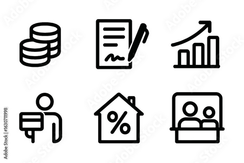 Minimal flat loan icon pack featuring coins, house with percentage, bank teller, contract, bar chart and credit card for websites, UI and banking presentations.