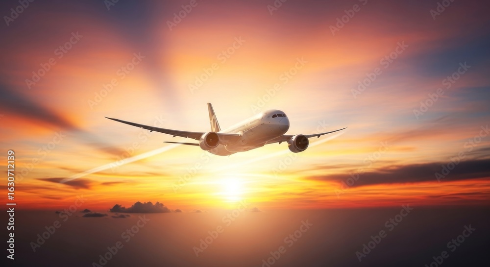 Fototapeta premium Airplane Flying Over Clouds During Vibrant Sunset Sky