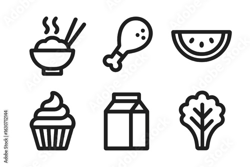 Black food vector icons with rice bowl, drumstick, watermelon slice, cupcake, milk carton and lettuce. Perfect for culinary apps, menus and grocery designs.