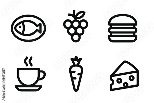 Minimal flat food icon pack with grapes, burger, carrot, fish plate, coffee cup and cheese slice. Ideal for websites, mobile apps and culinary presentations.