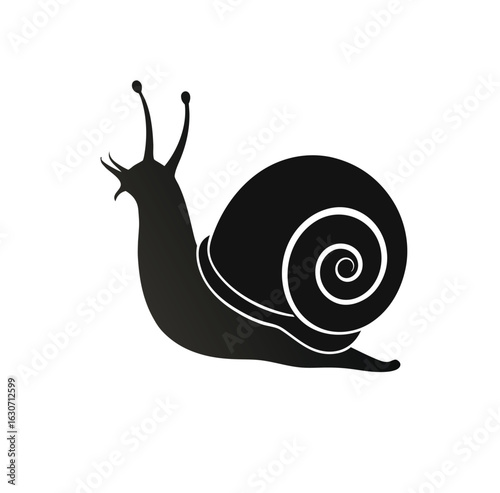 Black and White Vector Illustration of a Snail in Side Profile Featuring a Distinct Spiral Shell, Extended Tentacles, and Rounded Body. Crafted in Minimalist Silhouette Style, This Clean and Elegant D