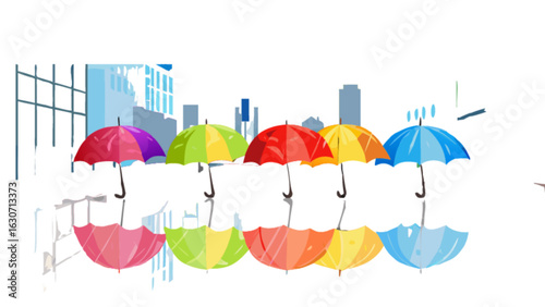 Colorful umbrellas lined up against a city skyline reflecting in water, isolated on white background in a cartoon style illustration