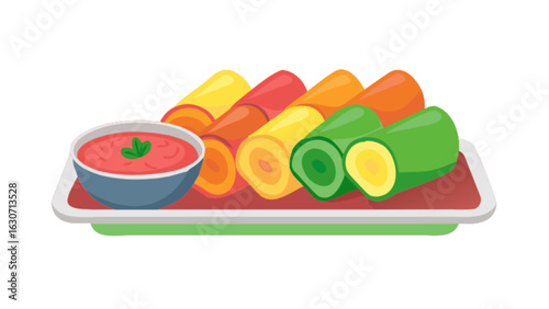 Colorful vegetable spring rolls with dipping sauce on a plate isolated on white background