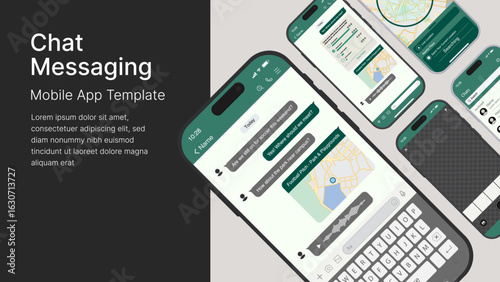 Chat Social Messaging Mobile App UI Template – Vector Smartphone Interface Design for Texting, GPS Location Map Sharing, Voice Messages, Photo and Video Shooting, and Modern Communication