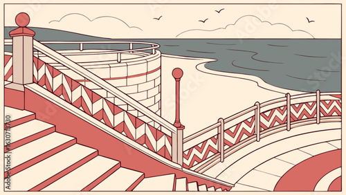 Illustration of a stairway leading to a beach promenade with a scenic seascape view, ideal for travel, tourism, and vacationthemed designs and illustrations