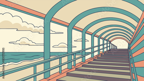 Illustration of a stairway to the beach with a covered walkway, featuring a serene seascape and cloudy sky, perfect for travel and vacation themes