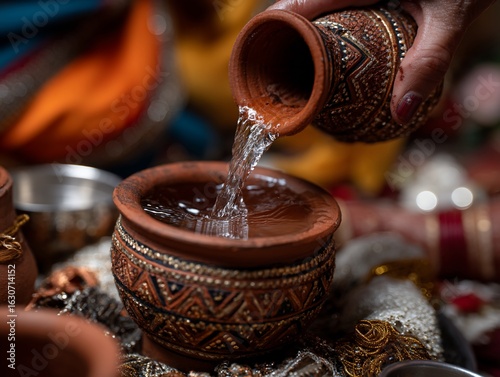 Water Pouring Ceremony Ritual Water Pouring into Decorated Pottery.