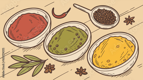 A collection of aromatic spices in bowls, including chili, star anise, and bay leaf, creates a flavorful and colorful culinary still life
